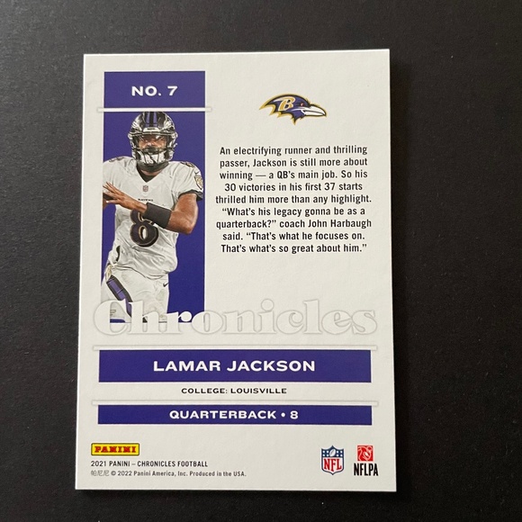 Lamar Jackson: Baltimore Ravens, Quarterback 2021 Panini Chronicles Football #7 - Picture 2 of 2